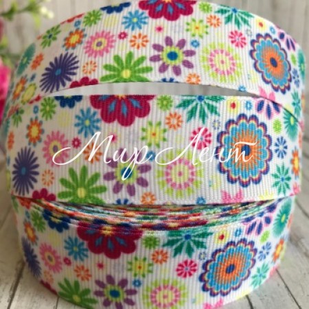 Репс 2,5 см, фіолетово-салатово-світло-бірюзові квіти, білий