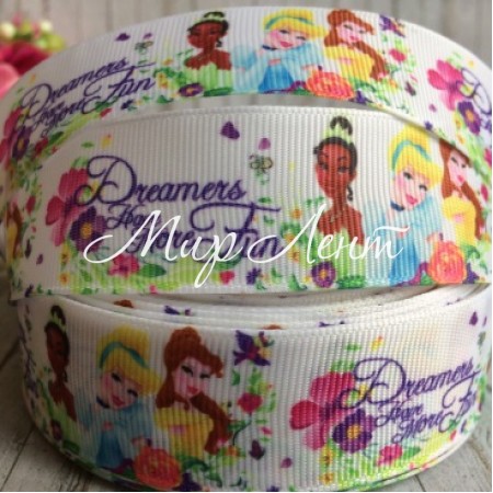 Репс 2,5 см, принцеси (Dreamers), білий, 1 м