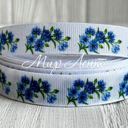 Репс 1,5 см, сині волошки, на білому фоні, метр