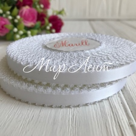 Атлас двосторонній з петельками 0,6 см, білий, рулон 20 ярдів.