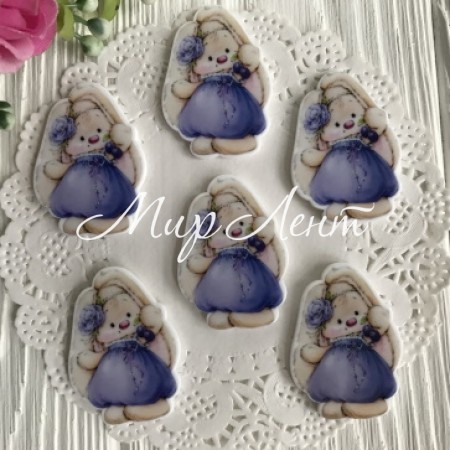 Кабошон Зайчик, 3,8 см, в синій сукні з блакитною квіткою, шт.