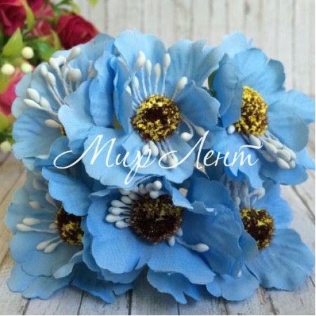 Мак, 4 см, блакитний, 6 квіточок у пучку, 1 пучок
