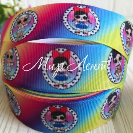 Репс 2,5 см Lol, радужное диагональное омбре с кругами, метр