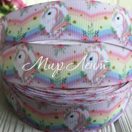 Репс 2,5 см, Єдиноріг з райдужною гривою на пастельно-рожевому, метр