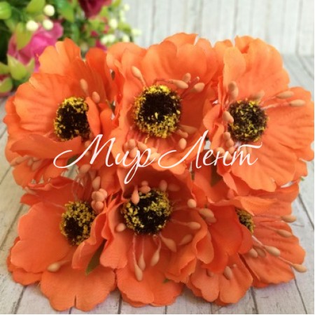 Мак, 4 см, помаранчевий, 6 квіточок у пучку, 1 пучок
