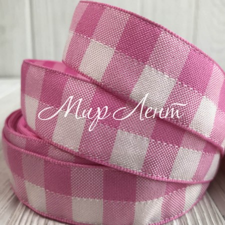 Котонова стрічка велика клітка, 1,5 см, рожева, метр