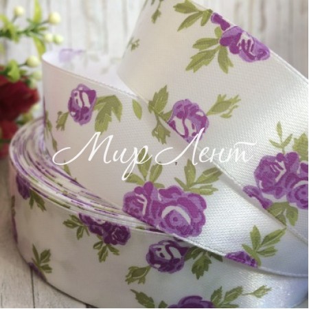 Атлас 2,5 см, трояндочка, біло-фіолетова