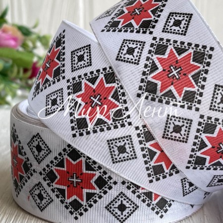 Репс 4 см, візерунок з великих та малих ромбів, чорно-червоні на білому, метр