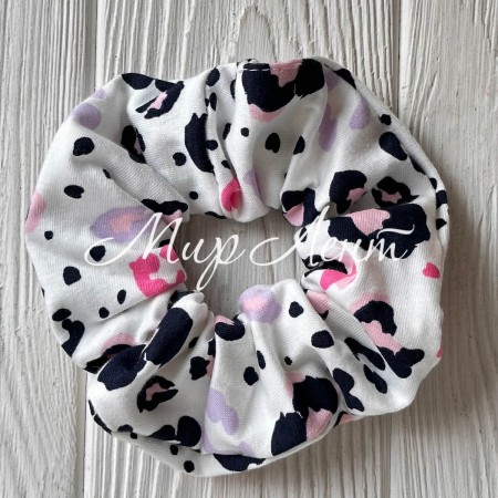 Скранч турецкий трикотаж, 12 см, белый с розово-черным леопардом, шт.
