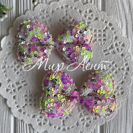 Аплікація бант із круглими паєтками (великий), 7,5х4,7 см, малиново-салатовий, шт.