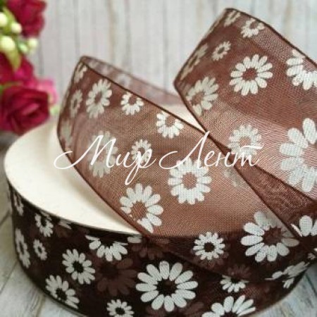 Органза 2,5 см, ромашка, шоколадна
