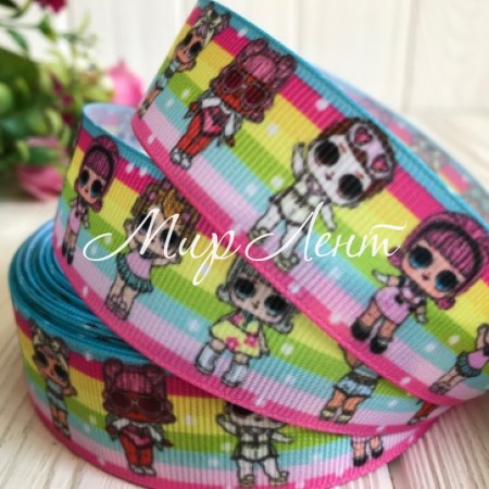 Репс 2,5 см Lol, бірюзово-малиново-жовта смуга, метр