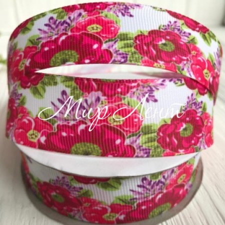 Репс 2,5 см, малиновые анемоны на белом