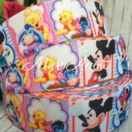 Репс 2,5 см, Міккі та Вінні, біло-лілово-рожевий