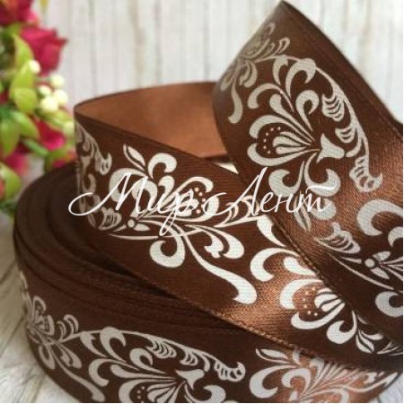 Атлас 2,5 см, орнамент, шоколадный