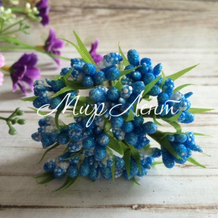 Гілочка з тичинками - глітер + травка, яскраво-блакитна