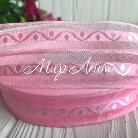 Органза з атласним візерунком, 2 см, яскраво-рожевий