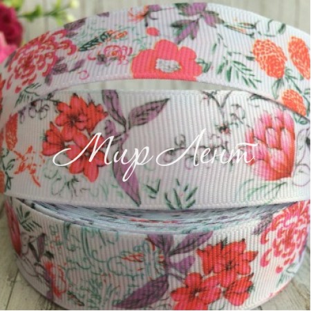 Репс 2,5 см, красные васильки на нежно-лиловом, 1 м