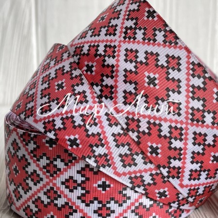 Репс 4 см, орнамент ромб New, бело-красный, метр