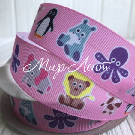 Репс 2,5 см, звірята, рожевий, метр