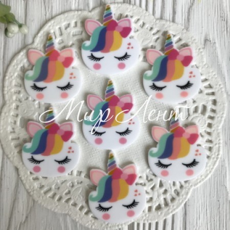 Кабошон, голова єдинорога з віями та кольоровою чубчиком, 3,5 х 2,8 см, білий пастельний