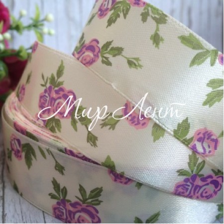 Атлас 2,5 см, трояндочка, молочно-фіолетова