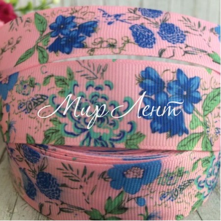 Репс 2,5 см, сині волошки на рожевому, 1 м