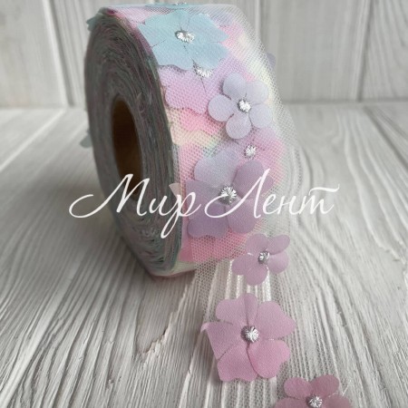 Стрічка з фатину із шифоновими квітами, 4 см, жовто-рожевий, метр
