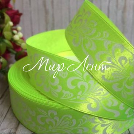 Атлас 2,5 см, орнамент, салатовый