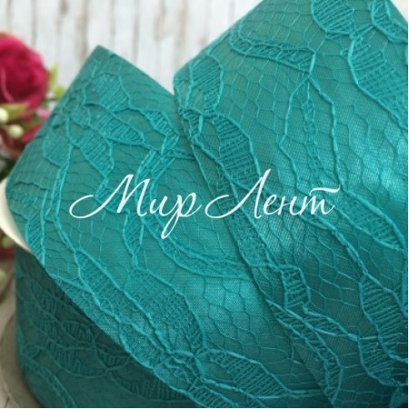 Атлас 4 см, кружево, морская волна