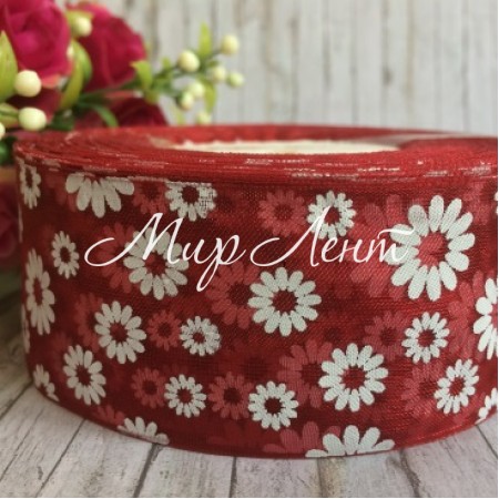 Органза 4 см, ромашка, червоний оксамит