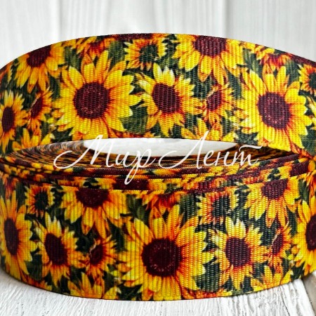 Репс 2,5 см, жовті соняхи, на зеленому фоні, метр