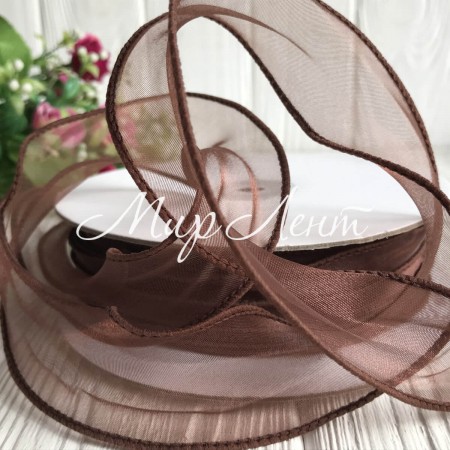 Органза з прошитим кантом, 3 см, шоколадний, рулон 23 м