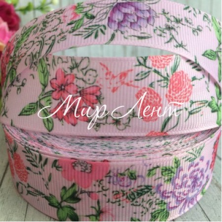 Репс 2,5 см, коралові волошки на світло-рожевому, 1 м