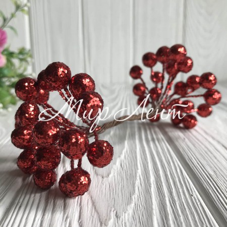 Ягідки з блискітками, 12 мм, червоний, пучок