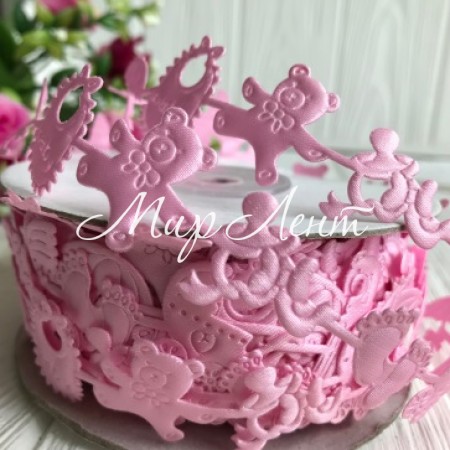 Мереживна дитяча стрічка, 2 см, пляшечка-парасолька-коляска, світло-рожева