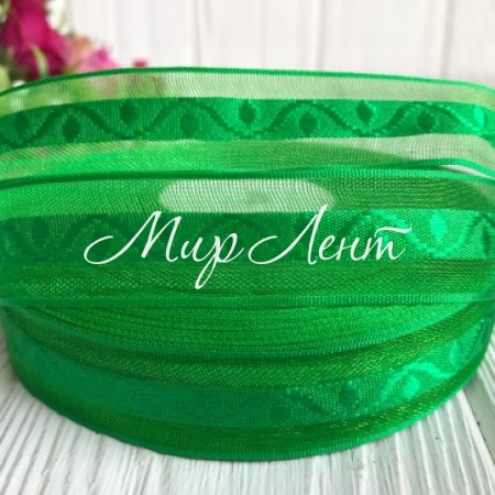 Органза з атласним візерунком, 2 см, зелений