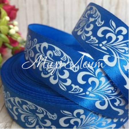 Атлас 2,5 см, орнамент, синій