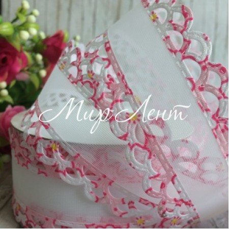 Капронова стрічка з мереживним краєм, 4 см, біло-світло-рожева.