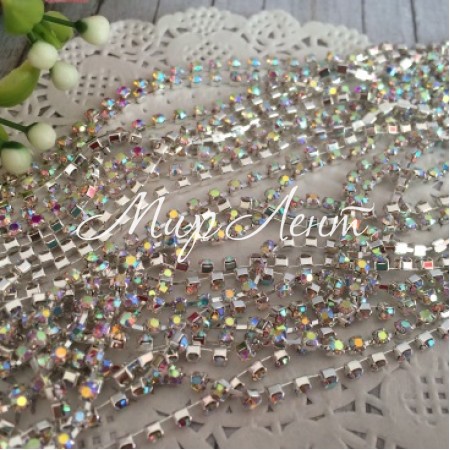 Стразовий ланцюжок, SS8, срібло з перламутром, відрізок 1 м