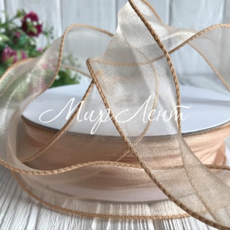 Органза з прошитим кантом, 3 см, бежевий, рулон 23 м