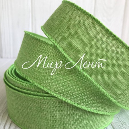 Котонова стрічка з дротяним кантом, 3,8 см, салатова, метр