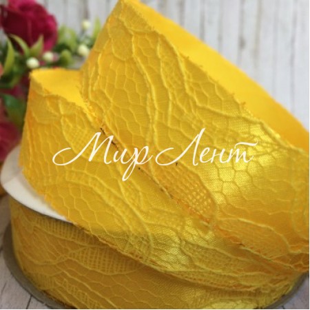 Атлас 2,5 см, мереживо, темно-жовтий
