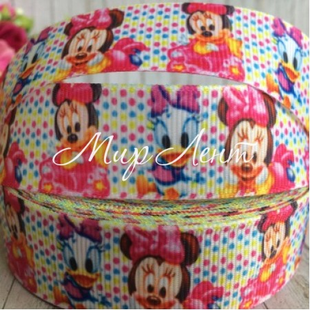 Репс 2,5 см, крихти Мінні та Дейзі, білий у кольоровий горошок, 1 м