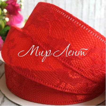 Атлас з мереживом New, 2,5 см, червоний