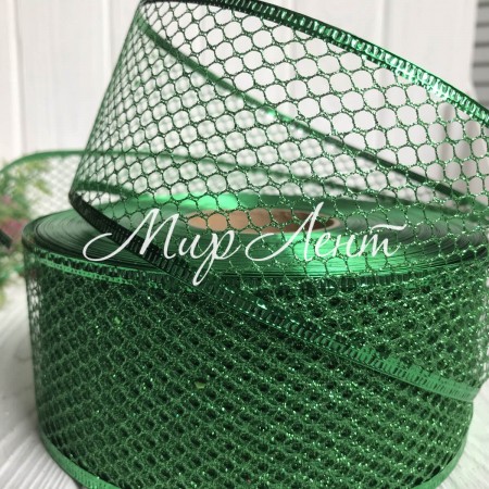 Стрічка новорічна сітка велика з блискітками, 6,3 см, зелений
