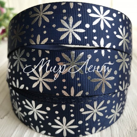 Репс з квіточкою (фольга), 2,5 см, сапфіровий зі сріблом, метр