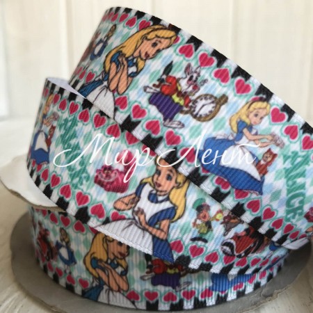 Репс 2,5 см, Аліса в країні чудес, білий, метр