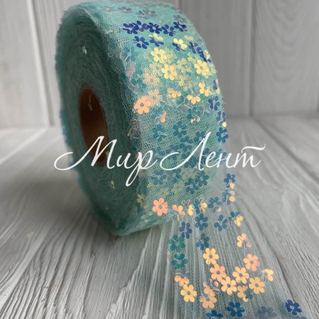 Стрічка з фатину з паєтками, 4 см, м'ятний, метр