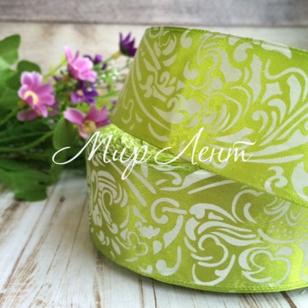 Атлас 4 см орнамент, оливковий